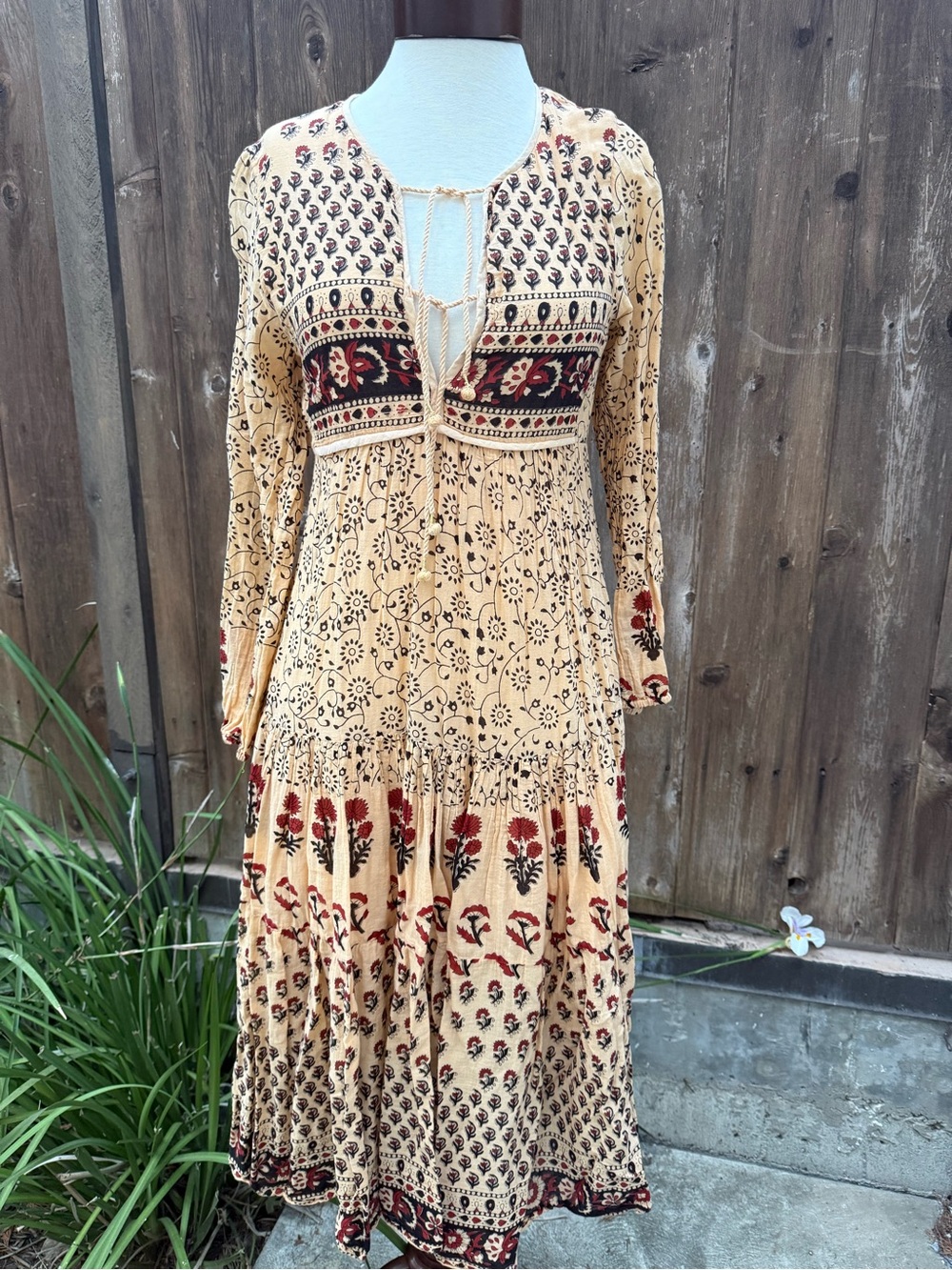 Bohemian Beige Floral Tie-Front Maxi Dress with Rust Accents